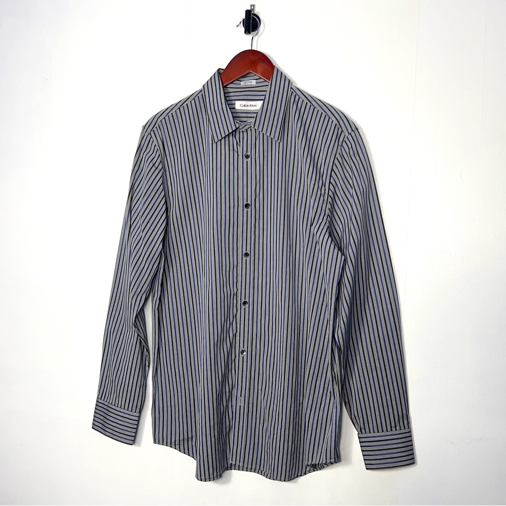 Calvin Klein | Mens Long Sleeve Smart Self Stripe Dress Shirt | Grey | M